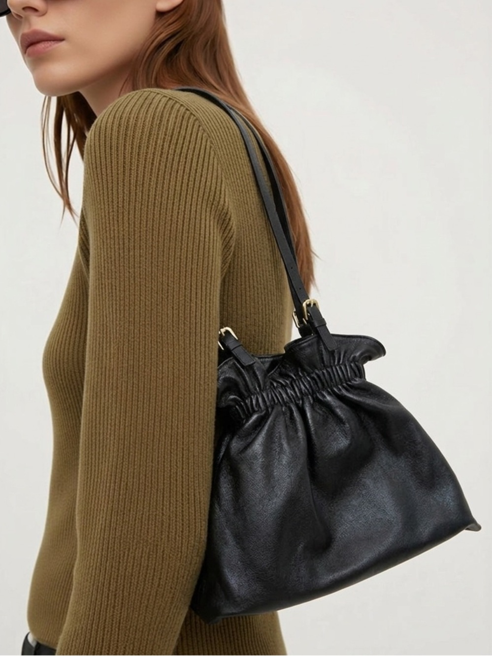 Persaman New York Made in Italy Black Genuine Leather Gathered Shoulder Bag